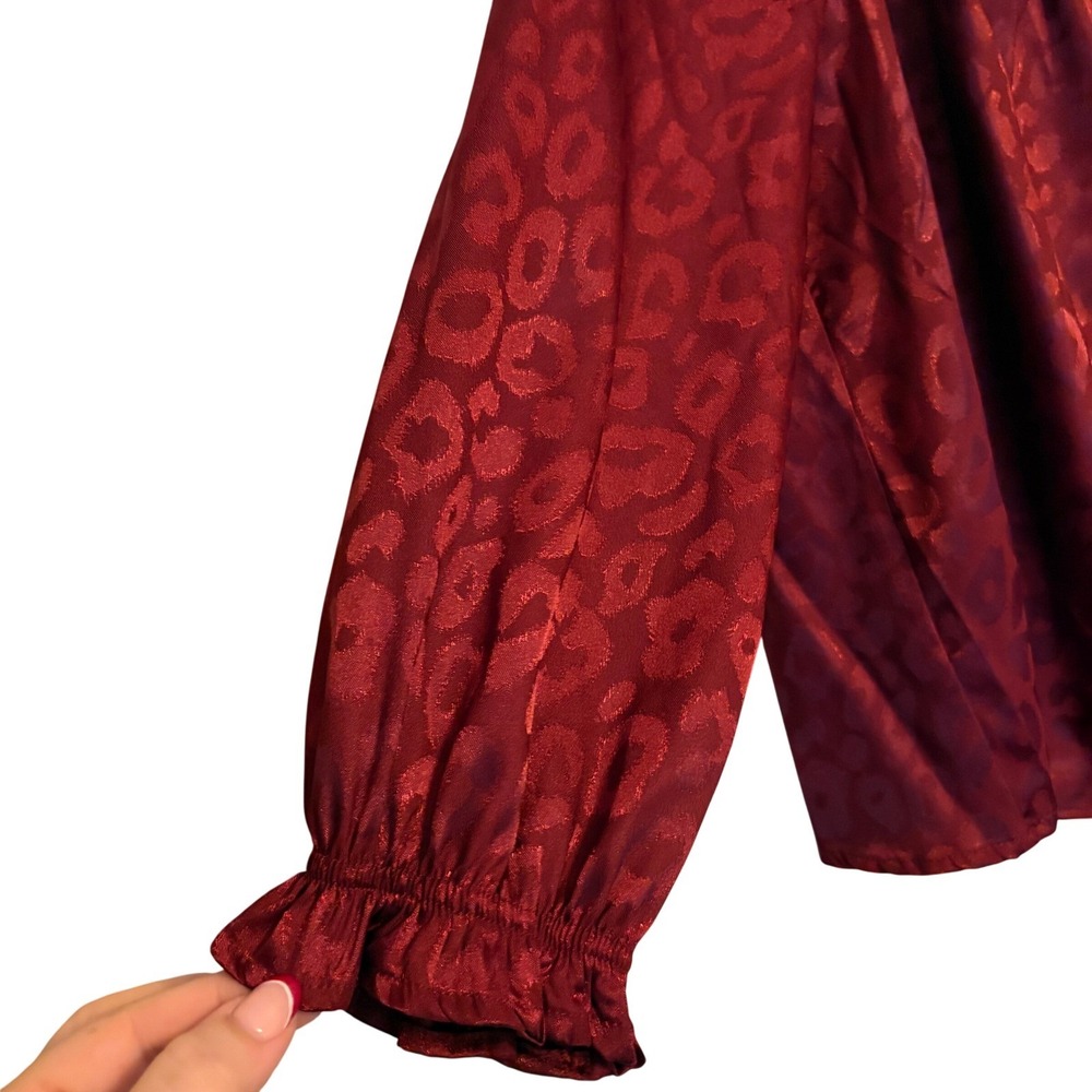 NWT True Craft Leopard Burnout Blouse XL Square Neck Long Sleeve Maroon Top Work - Picture 2 of 7